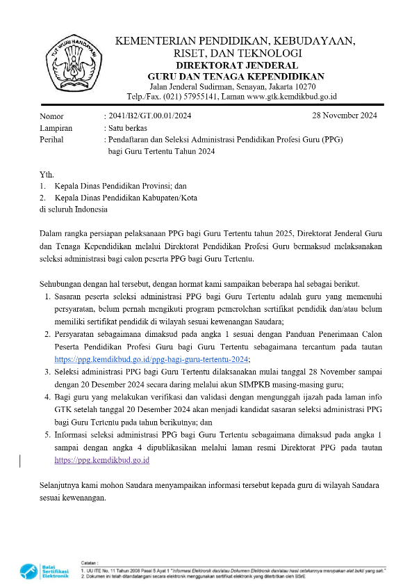 Pendaftaran dan Seleksi Administrasi Pendidikan Profesi Guru (PPG) bagi Guru Tertentu Tahun 2024